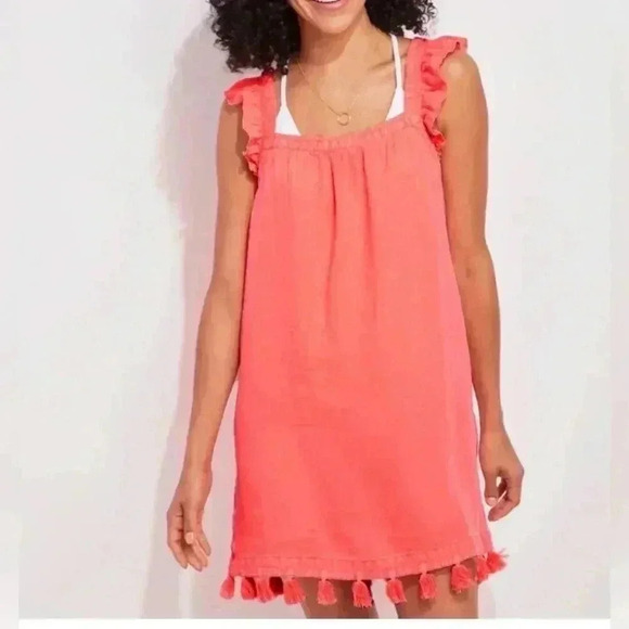 Vineyard Vines Ruffle & Tassle Trim Mini dress Cover up  in Neon Rosa Size Small - Picture 1 of 8
